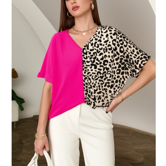 Contrast Pink & Leopard Colorblock V Neck Boutique Top Short Sleeve Shirt - Picture 1 of 11
